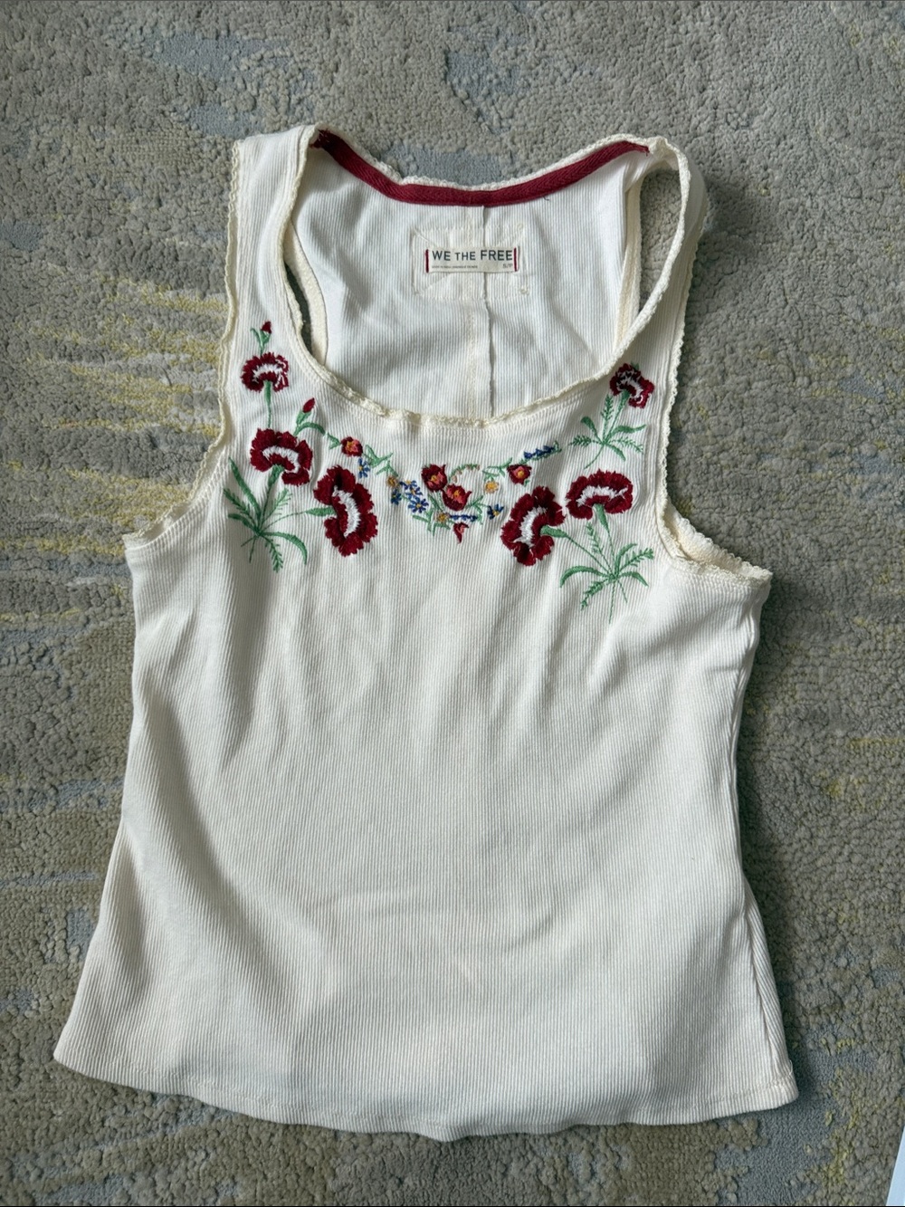 We The Free Cream Ribbed Tank with Red Floral Embroidery